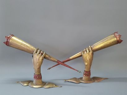 Pair of embossed copper and brass 
