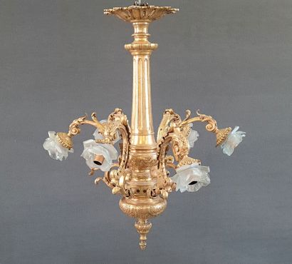 Chandelier in gilt bronze with six lights....