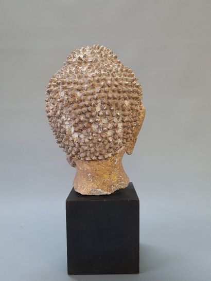 Tête de bouddha en bois sculpté et doré,...