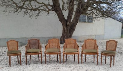 Suite of four armchairs and two cane chairs.

Louis...