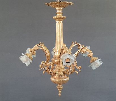 Chandelier in gilt bronze with six lights....