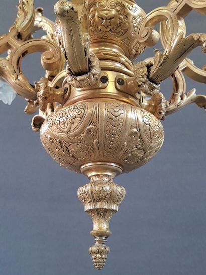 Chandelier in gilt bronze with six lights....