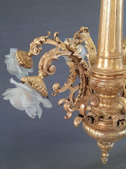 Chandelier in gilt bronze with six lights....