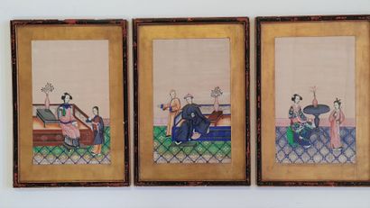 Suite of three gouaches on rice paper.

China...