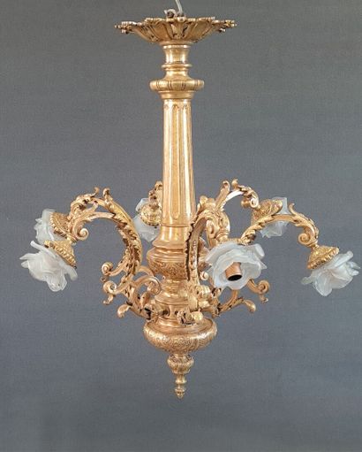 Chandelier in gilt bronze with six lights....