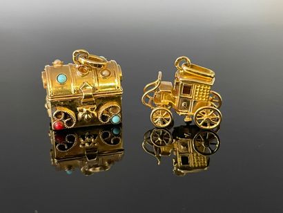Deux pendeloques en or 750°/00, une figurant...