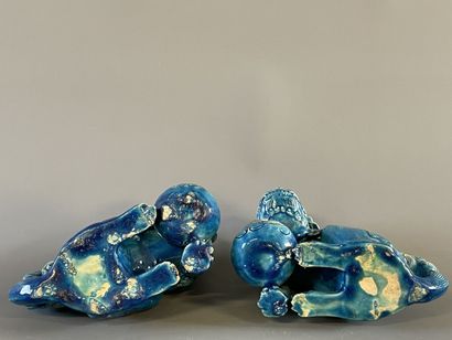 Paire de chiens de fo en porcelaine émail...