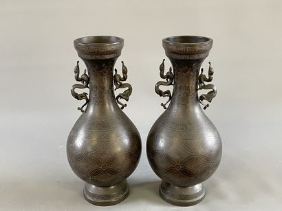 INDOCHINE fin XIX° Paire de vases en bronze...