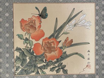 Douze peintures sur soie à décor de végétaux...