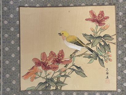 Douze peintures sur soie à décor de végétaux...