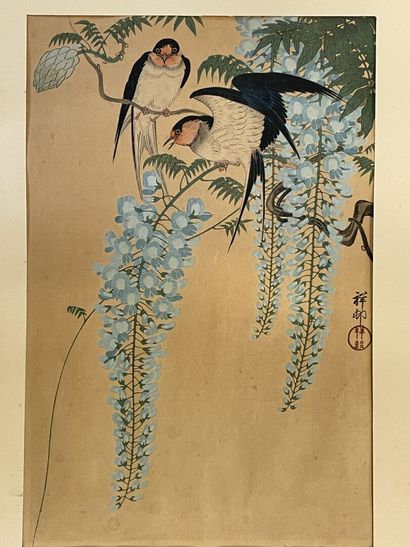 Aquarelle japonaise d'oiseaux sur papier.

39...