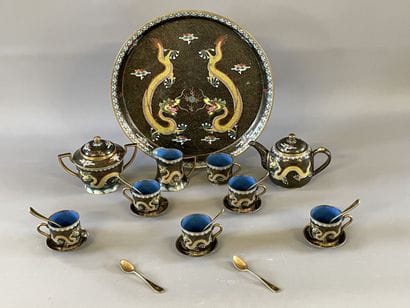 Service à thé asiatique en émaux cloisonnés...