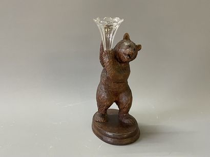 Ours porte bouquet en bois sculpté patiné,...