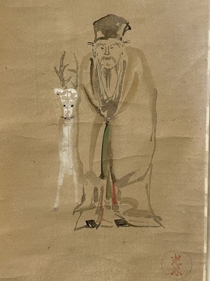 Rouleau japonais: chasseur et cerf, peinture...