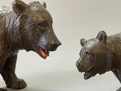 Deux sculptures en bois patiné d'ours.

Forêt...