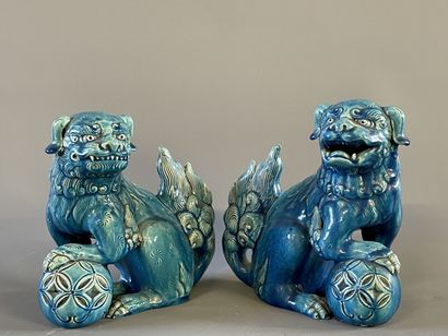 Paire de chiens de fo en porcelaine émail...