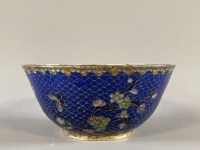 Bol en émail translucide bleu, dans un cloisonné.

Chine...