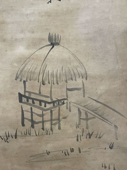 Rouleau asiatique peinture de hutte sur papier....