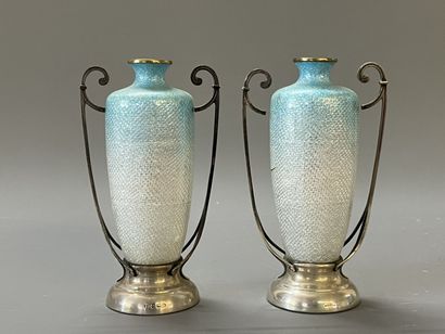 Pair of silver vases with enamelled decoration...