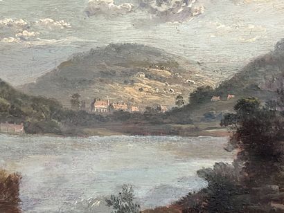 Paysage de bord de lac. 

huile sur panneau....