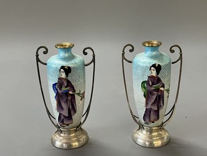 Pair of silver vases with enamelled decoration...