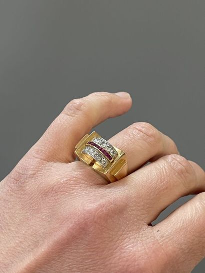 Gold and platinum tank ring, set with small...