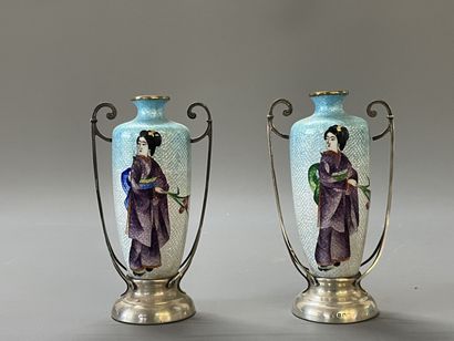 Pair of silver vases with enamelled decoration...