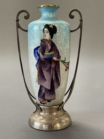 Pair of silver vases with enamelled decoration...