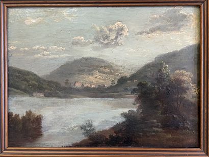 Paysage de bord de lac. 

huile sur panneau....