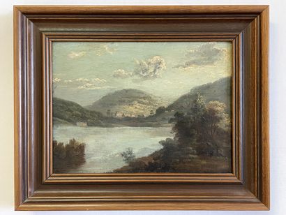Paysage de bord de lac. 

huile sur panneau....