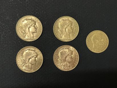Quatre pièces de 20 francs or 1907 ( 3) et...
