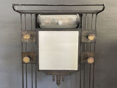 Wrought iron coat rack with mirror and central...