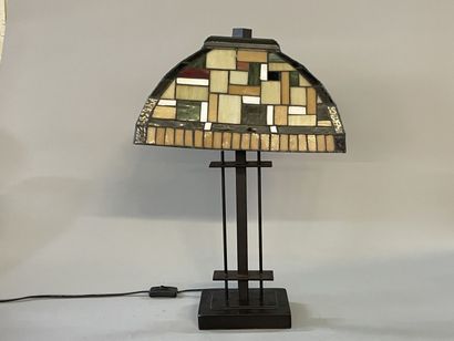 Lamp in patinated metal, lampshade in geometric...