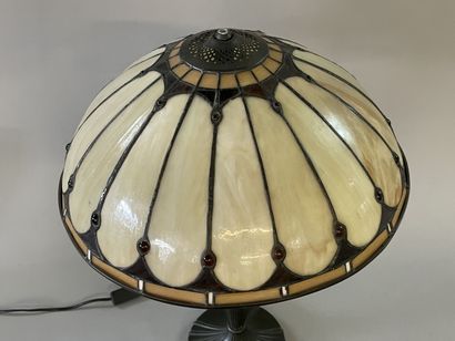 Lamp in patinated metal, lampshade in geometric...