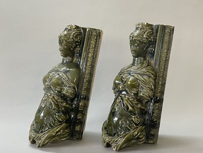 Pair of ornamental caryatids, in enamelled...