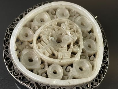 Large brooch in white jadeite carved and...
