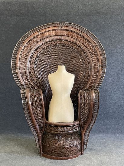 Large woven wicker armchair, wide back, Emmanuelle...