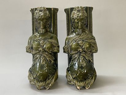 Pair of ornamental caryatids, in enamelled...