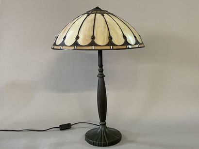 Lamp in patinated metal, lampshade in geometric...