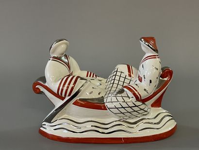 Primavera - Boat with two Chinese in ceramic...