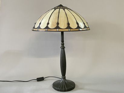 Lamp in patinated metal, lampshade in geometric...