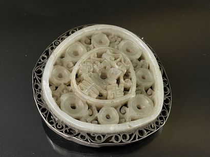 Large brooch in white jadeite carved and...