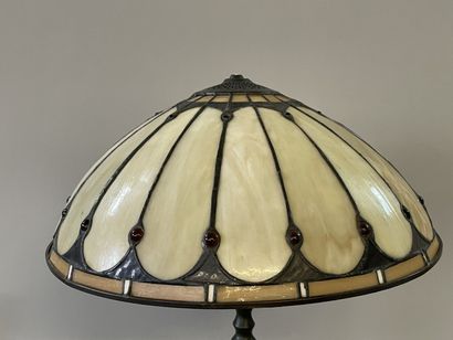 Lamp in patinated metal, lampshade in geometric...