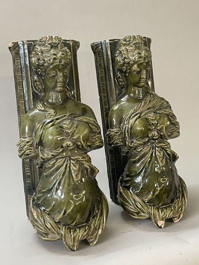 Pair of ornamental caryatids, in enamelled...