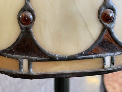 Lamp in patinated metal, lampshade in geometric...
