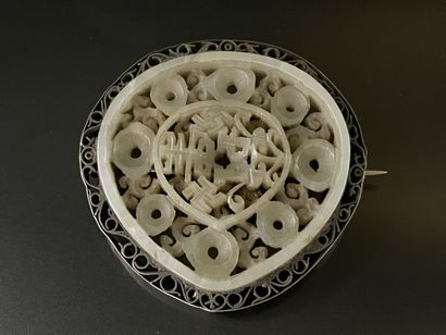 Large brooch in white jadeite carved and...