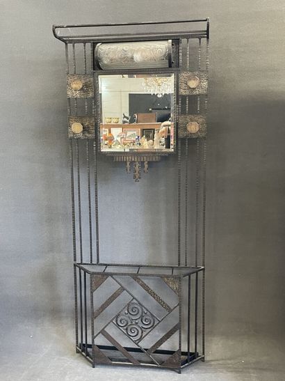 Wrought iron coat rack with mirror and central...