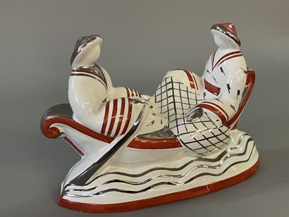Primavera - Boat with two Chinese in ceramic...