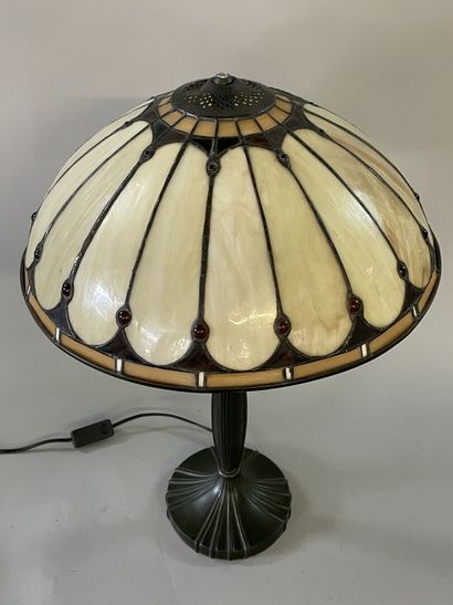 Lamp in patinated metal, lampshade in geometric...