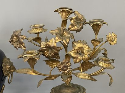 Gilded bronze and blue porcelain mantel set...